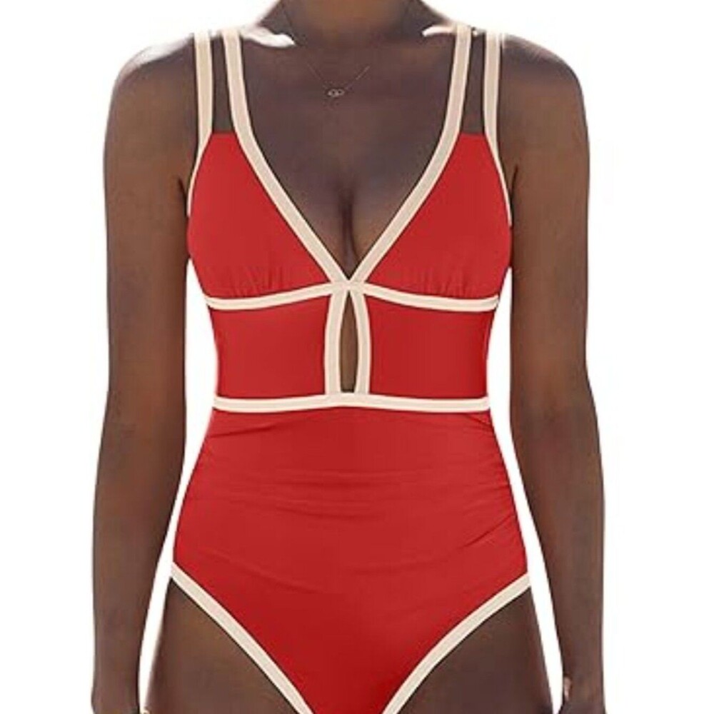 popvil Women One Piece Swimsuit Neon Color Block Brick Red, Medium